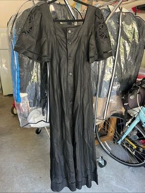 Vintage Black Button-Front Maxi Dress with Square Neck and Eyelet Puff Sleeves